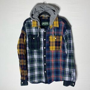 American Eagle Multicolor Plaid Flannel Button Up Shirt With Detachable Hood L